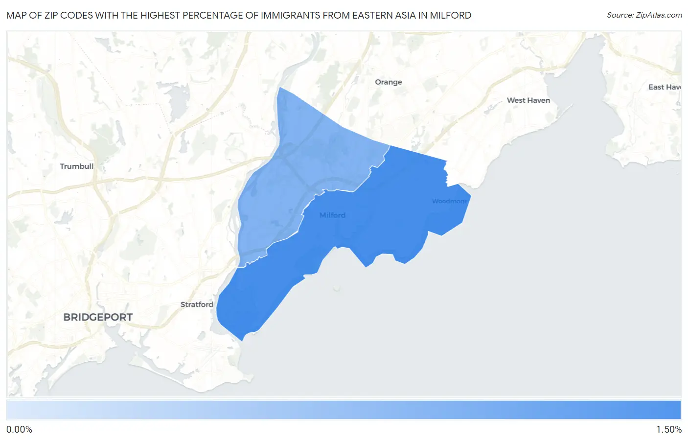Zip Codes with the Highest Percentage of Immigrants from Eastern Asia in Milford Map