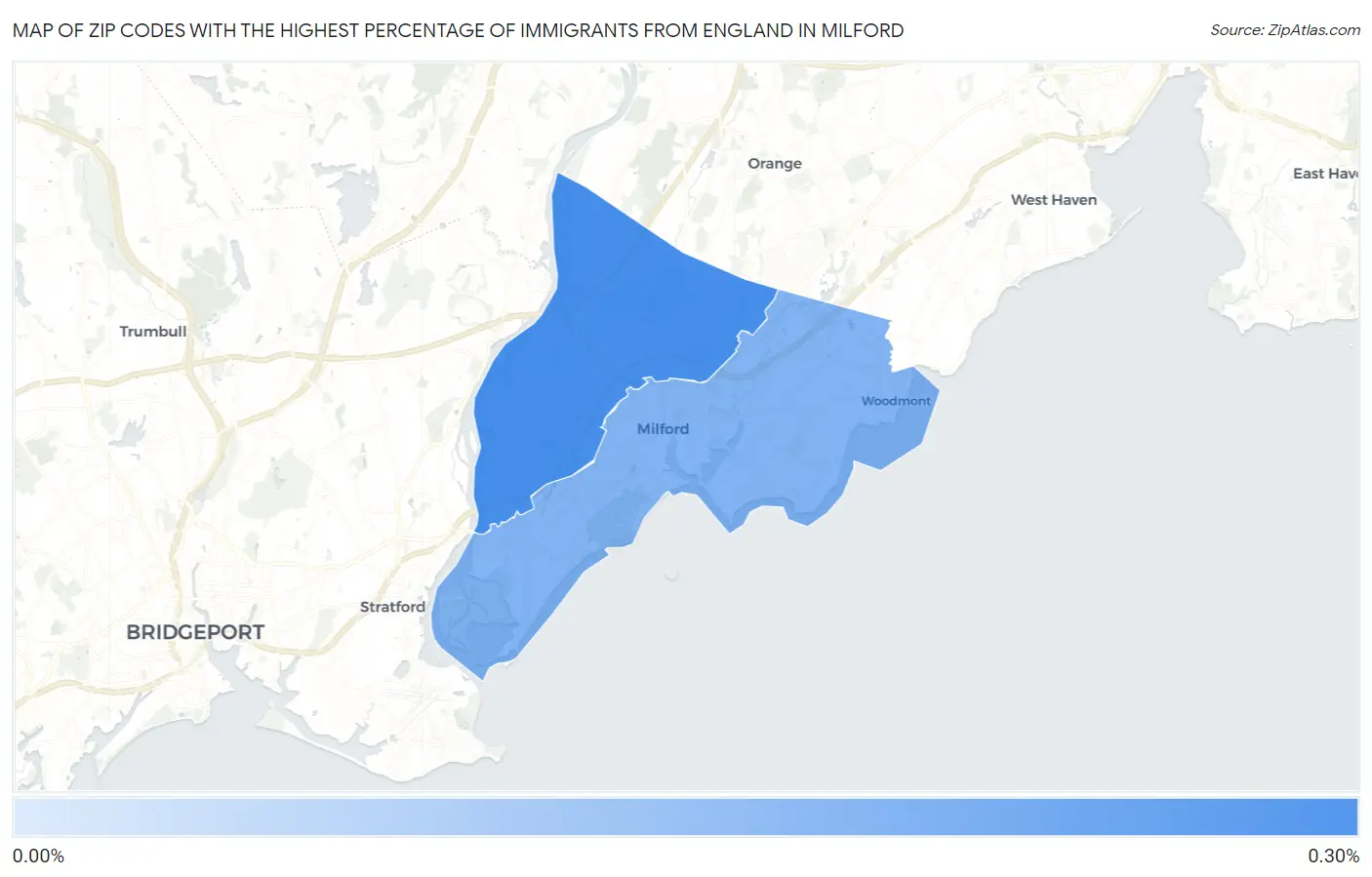 Zip Codes with the Highest Percentage of Immigrants from England in Milford Map