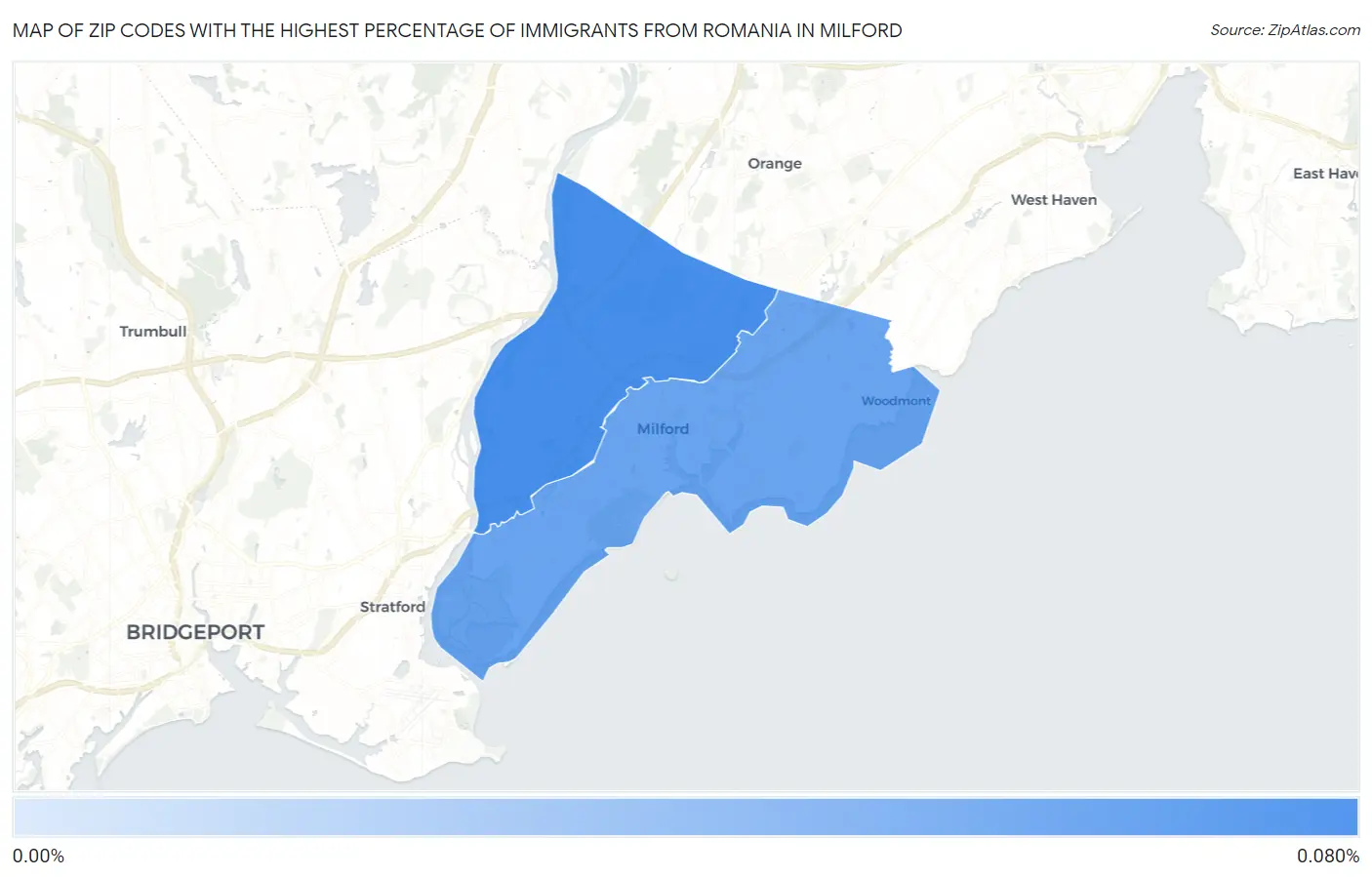 Zip Codes with the Highest Percentage of Immigrants from Romania in Milford Map