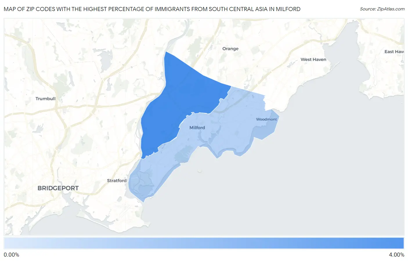 Zip Codes with the Highest Percentage of Immigrants from South Central Asia in Milford Map