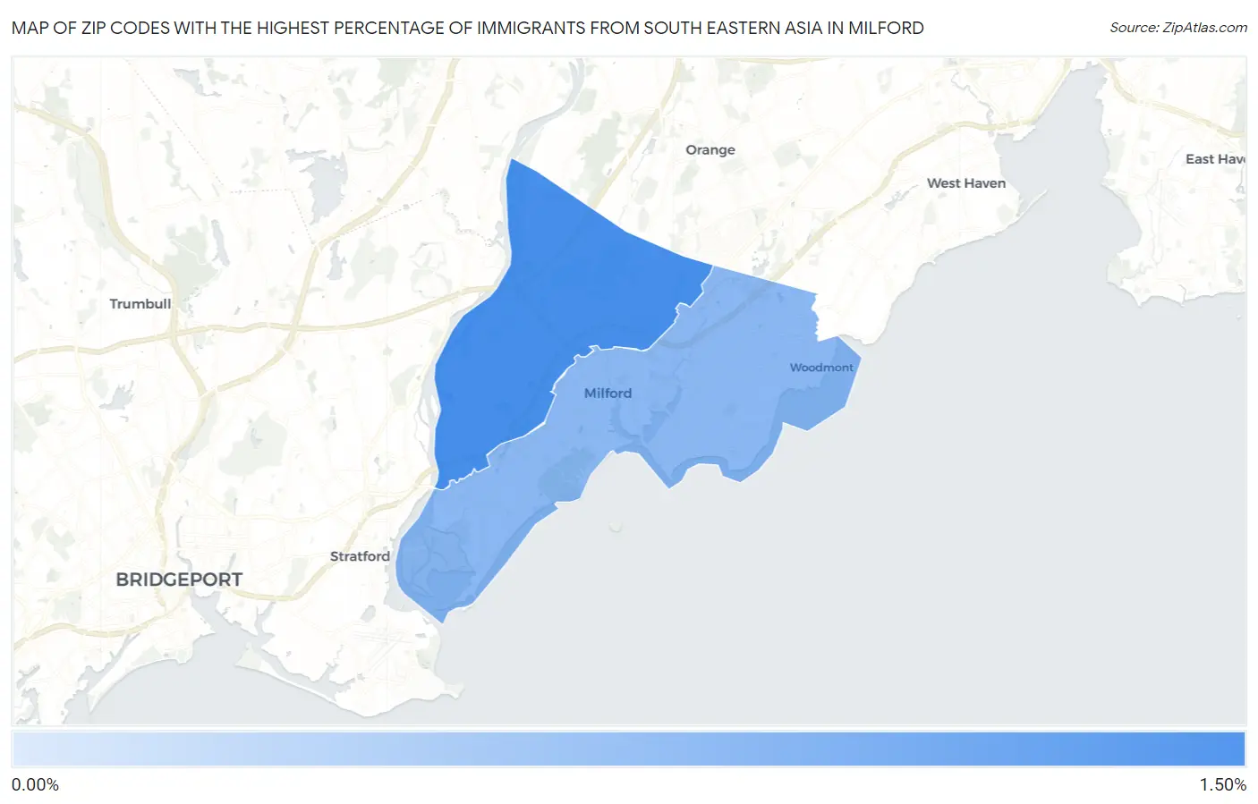 Zip Codes with the Highest Percentage of Immigrants from South Eastern Asia in Milford Map