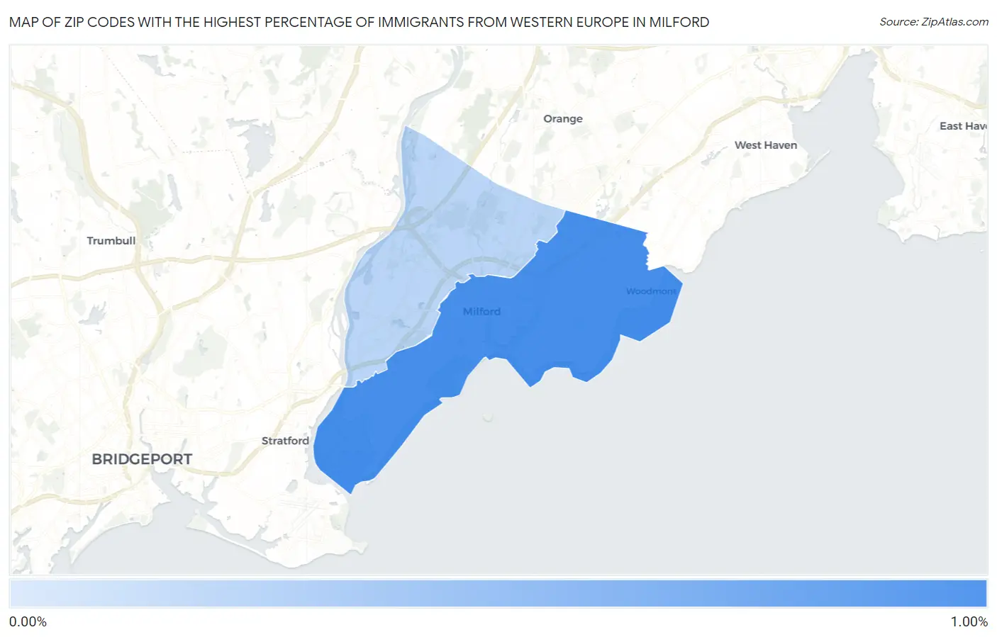 Zip Codes with the Highest Percentage of Immigrants from Western Europe in Milford Map