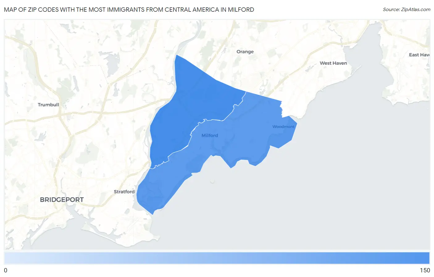 Zip Codes with the Most Immigrants from Central America in Milford Map