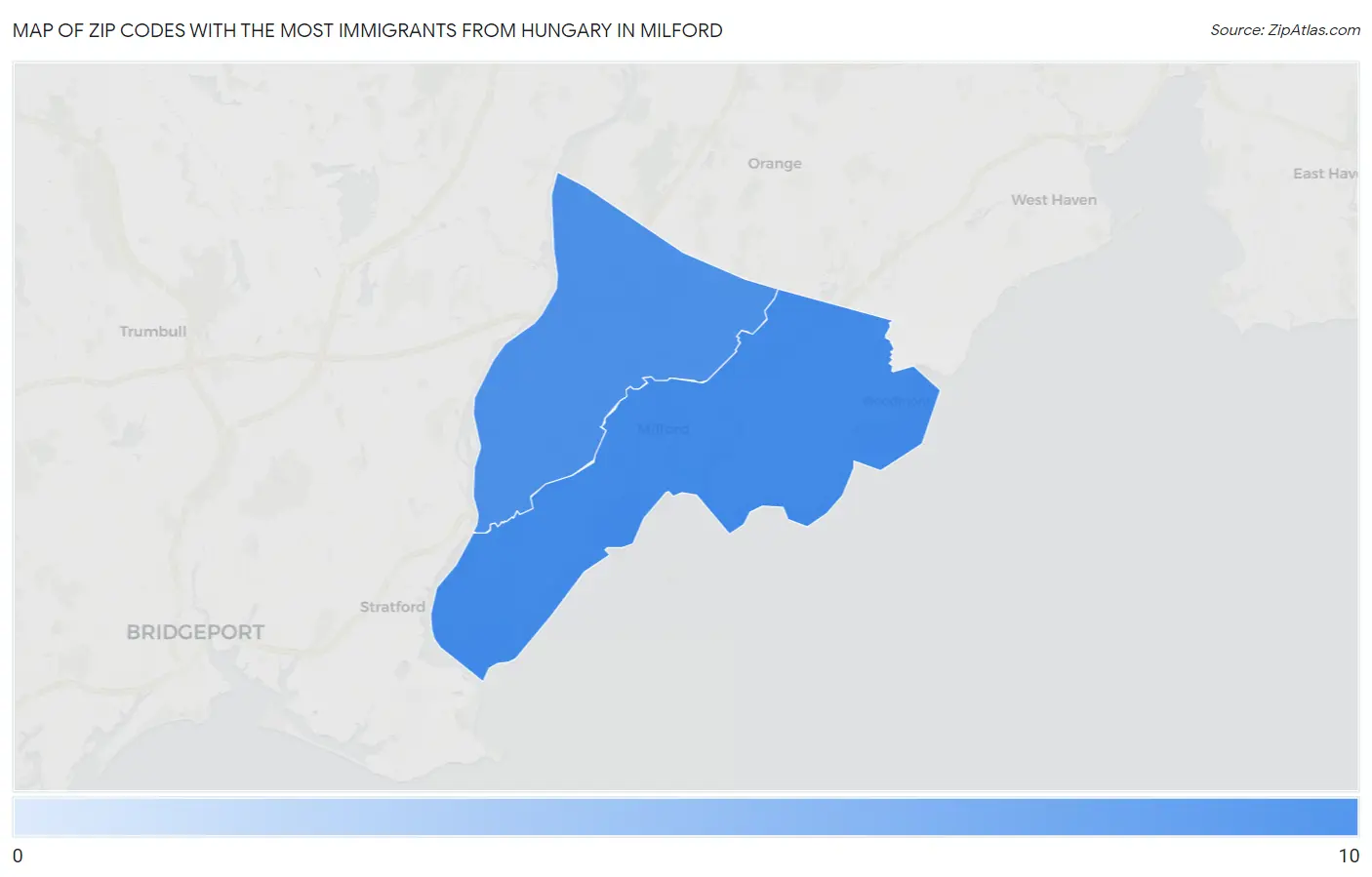 Zip Codes with the Most Immigrants from Hungary in Milford Map