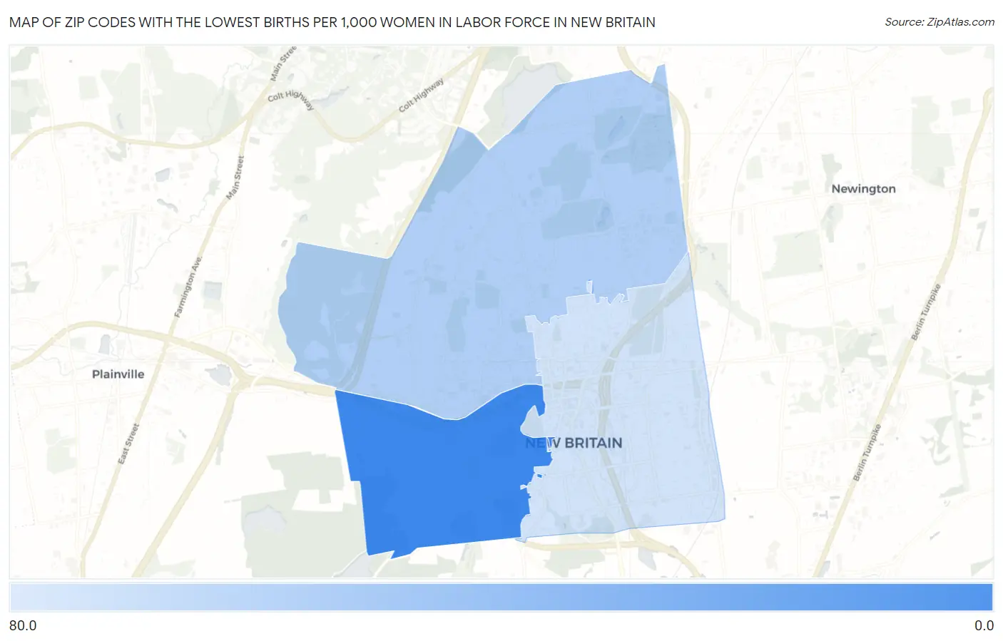 Zip Codes with the Lowest Births per 1,000 Women in Labor Force in New Britain Map