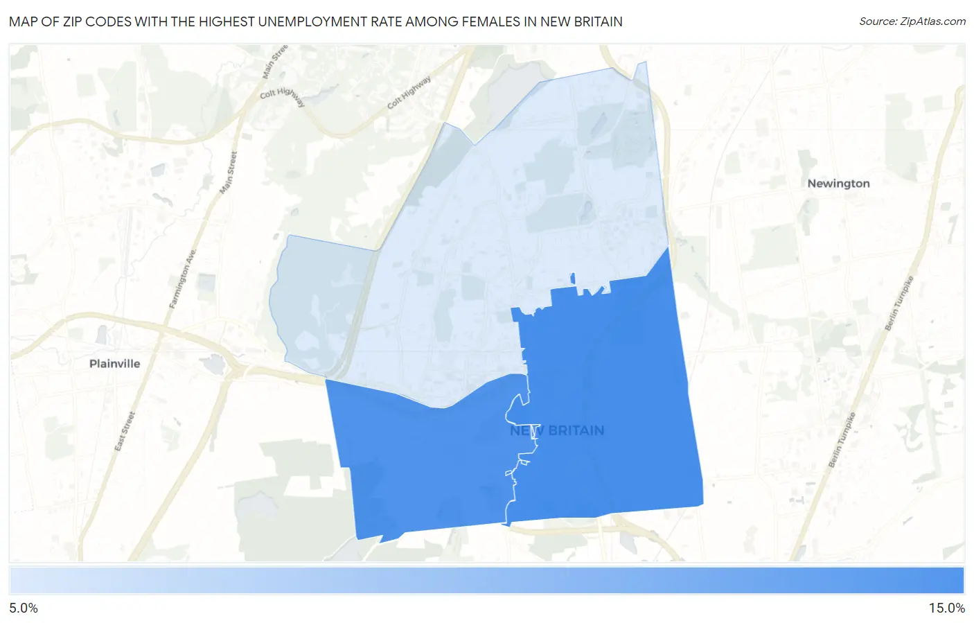Zip Codes with the Highest Unemployment Rate Among Females in New Britain Map