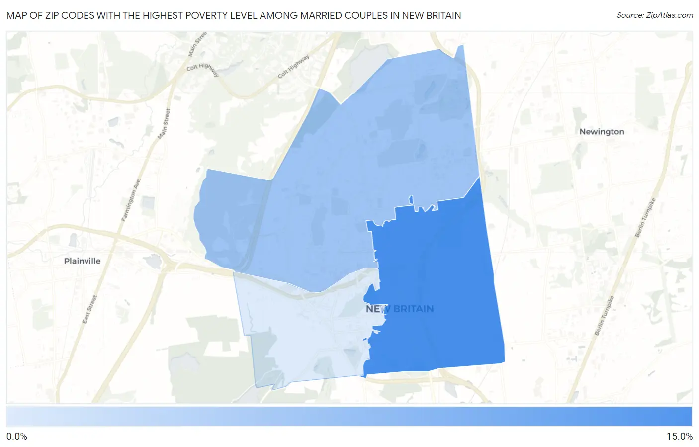 Zip Codes with the Highest Poverty Level Among Married Couples in New Britain Map