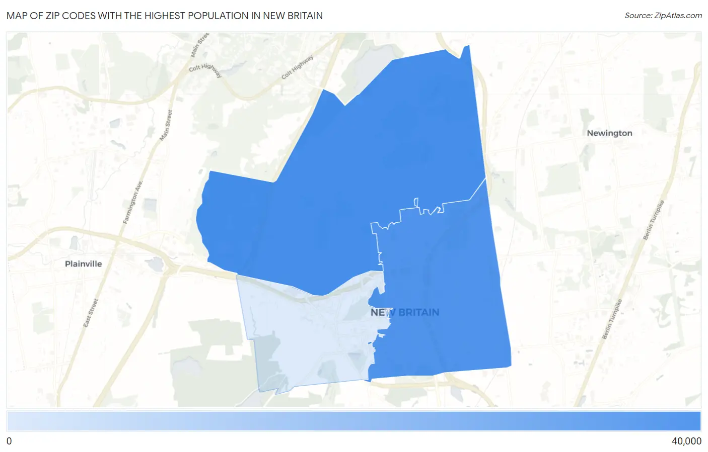 Zip Codes with the Highest Population in New Britain Map