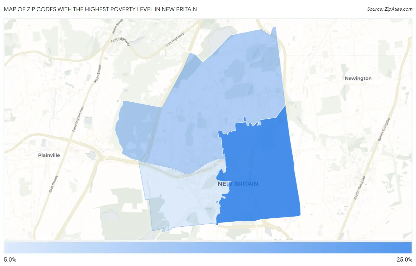 Zip Codes with the Highest Poverty Level in New Britain Map