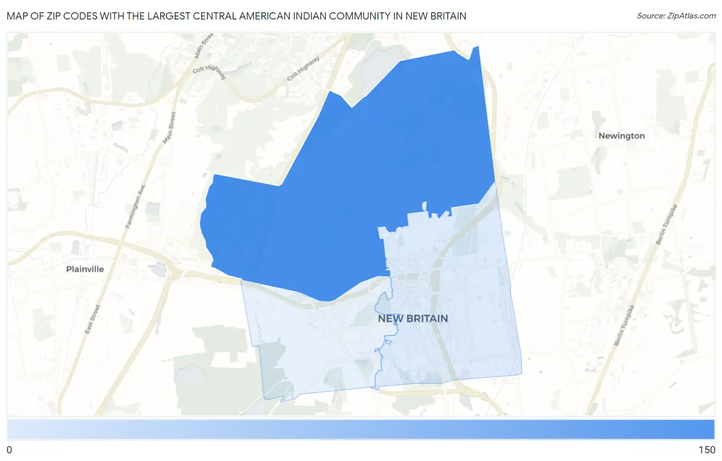 Zip Codes with the Largest Central American Indian Community in New Britain Map