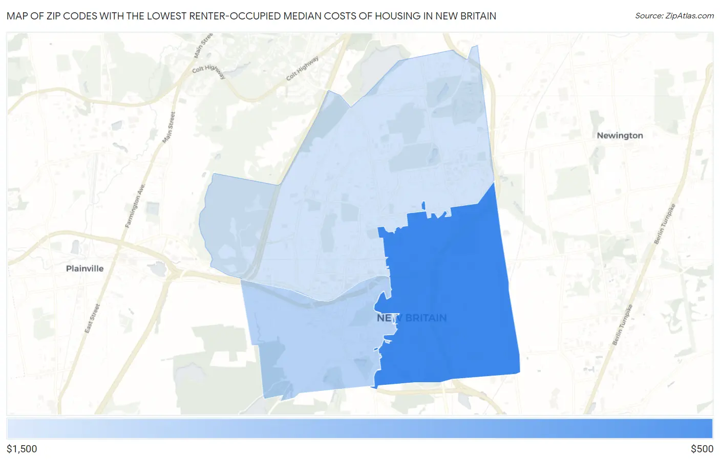 Zip Codes with the Lowest Renter-Occupied Median Costs of Housing in New Britain Map