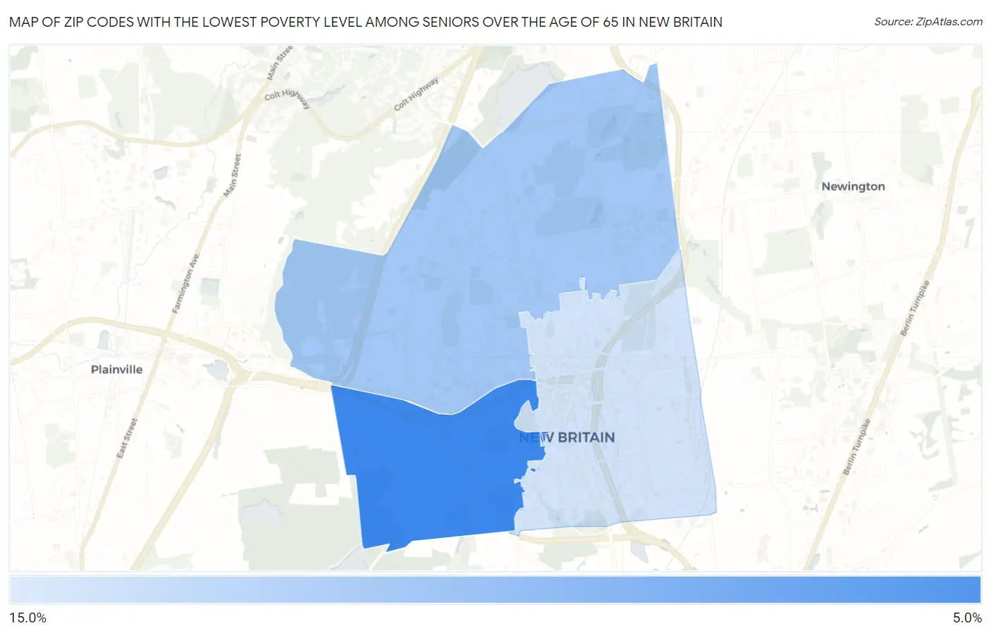 Zip Codes with the Lowest Poverty Level Among Seniors Over the Age of 65 in New Britain Map