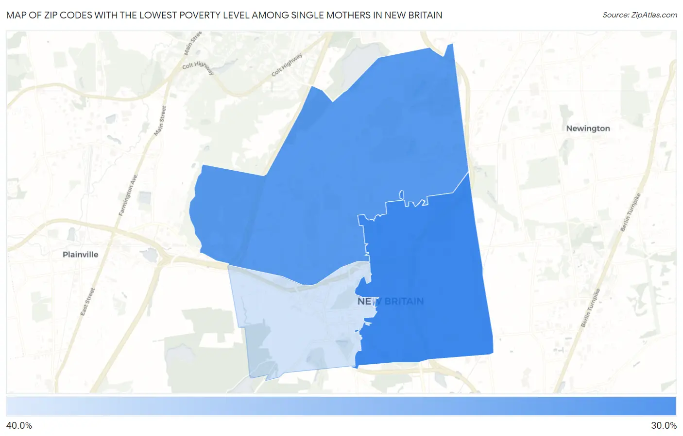 Zip Codes with the Lowest Poverty Level Among Single Mothers in New Britain Map