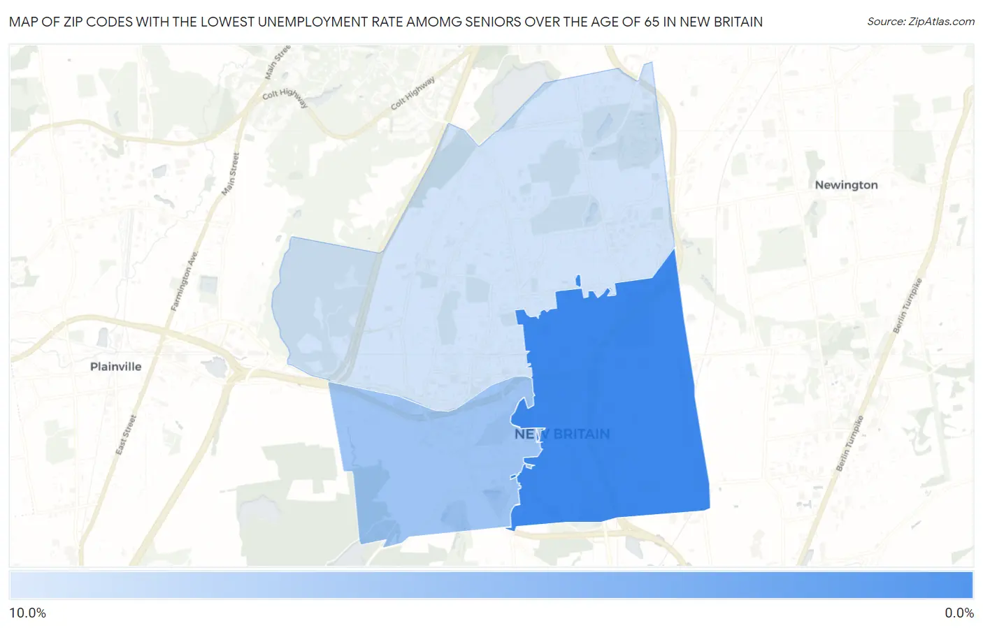 Zip Codes with the Lowest Unemployment Rate Amomg Seniors Over the Age of 65 in New Britain Map