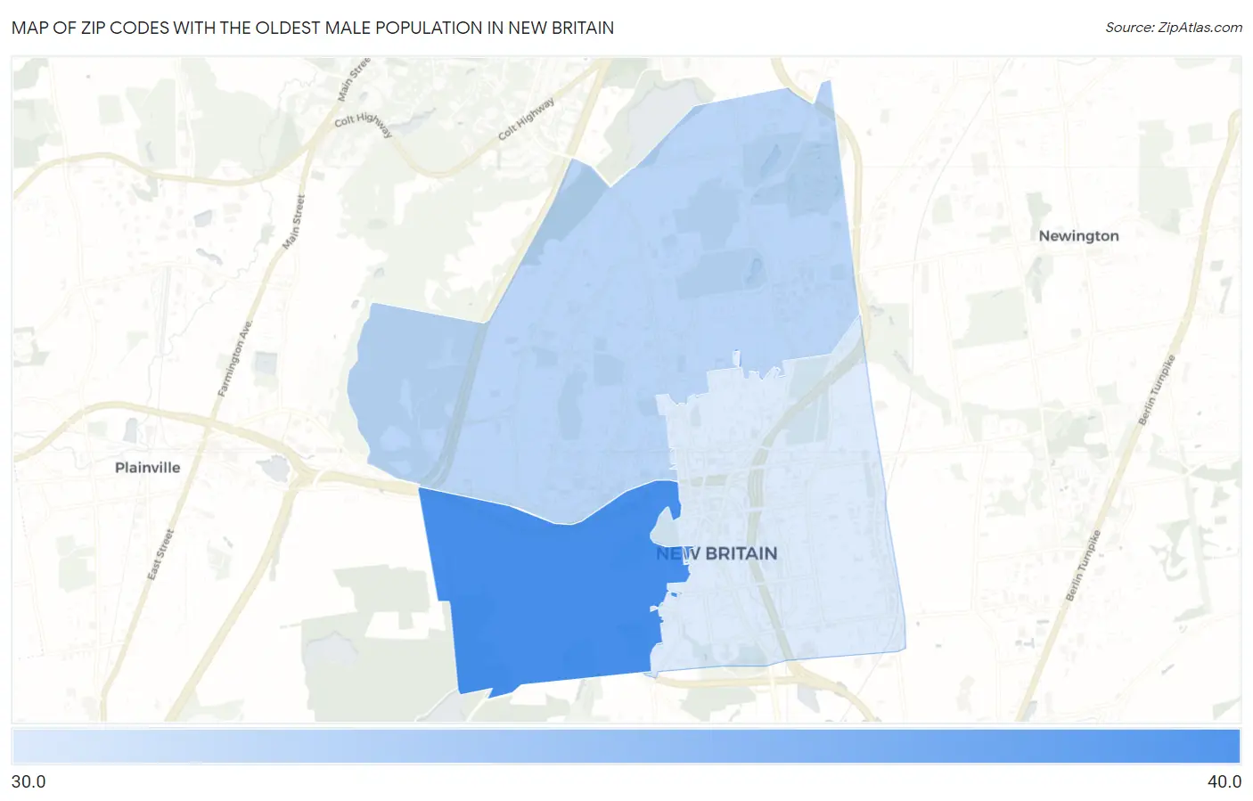 Zip Codes with the Oldest Male Population in New Britain Map
