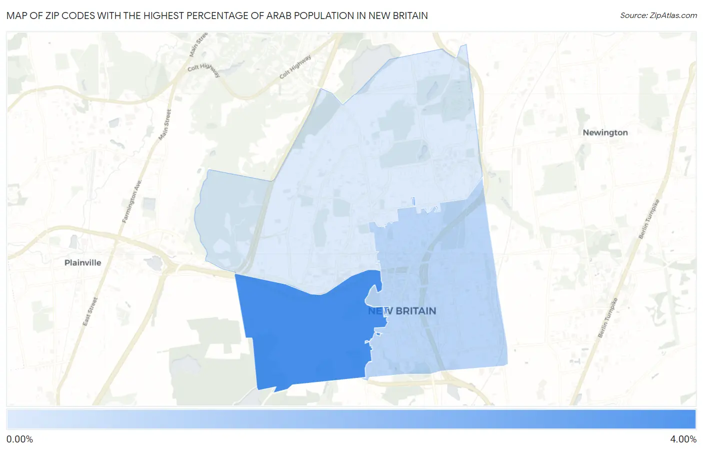 Zip Codes with the Highest Percentage of Arab Population in New Britain Map