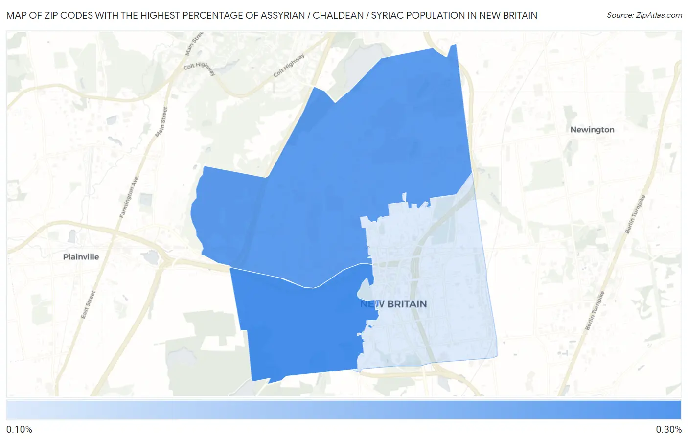 Zip Codes with the Highest Percentage of Assyrian / Chaldean / Syriac Population in New Britain Map
