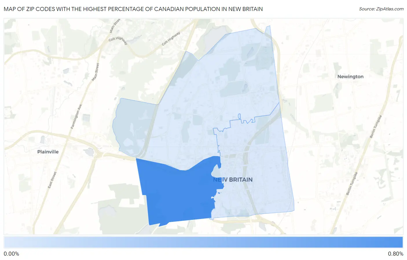 Zip Codes with the Highest Percentage of Canadian Population in New Britain Map