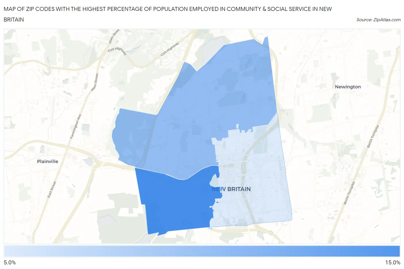 Zip Codes with the Highest Percentage of Population Employed in Community & Social Service  in New Britain Map