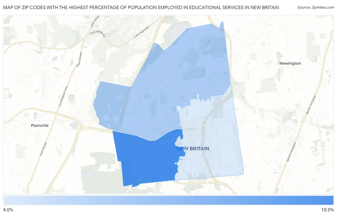Zip Codes with the Highest Percentage of Population Employed in Educational Services in New Britain Map