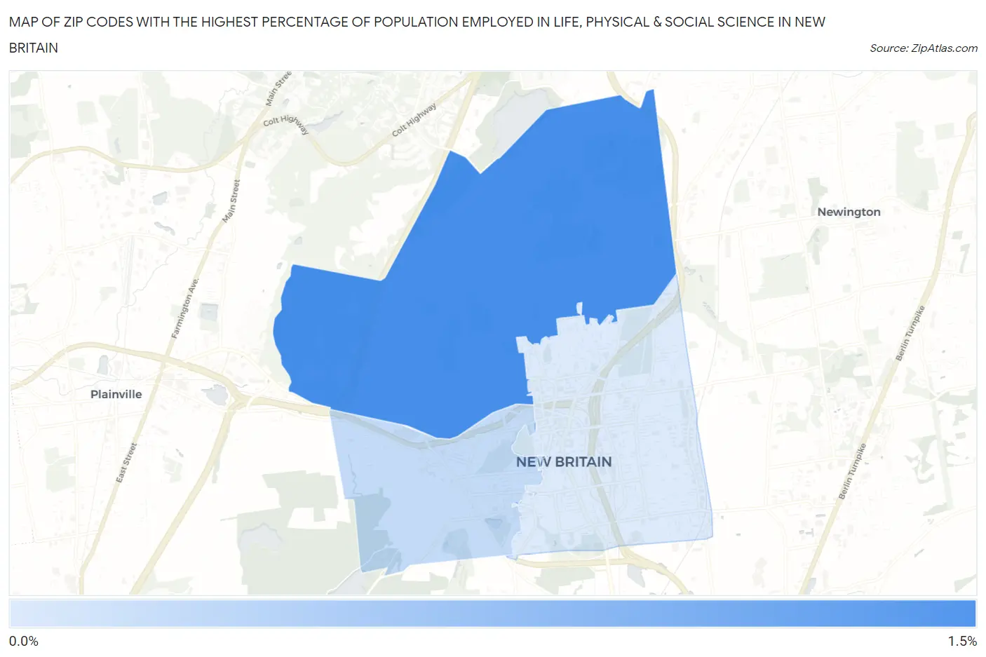 Zip Codes with the Highest Percentage of Population Employed in Life, Physical & Social Science in New Britain Map