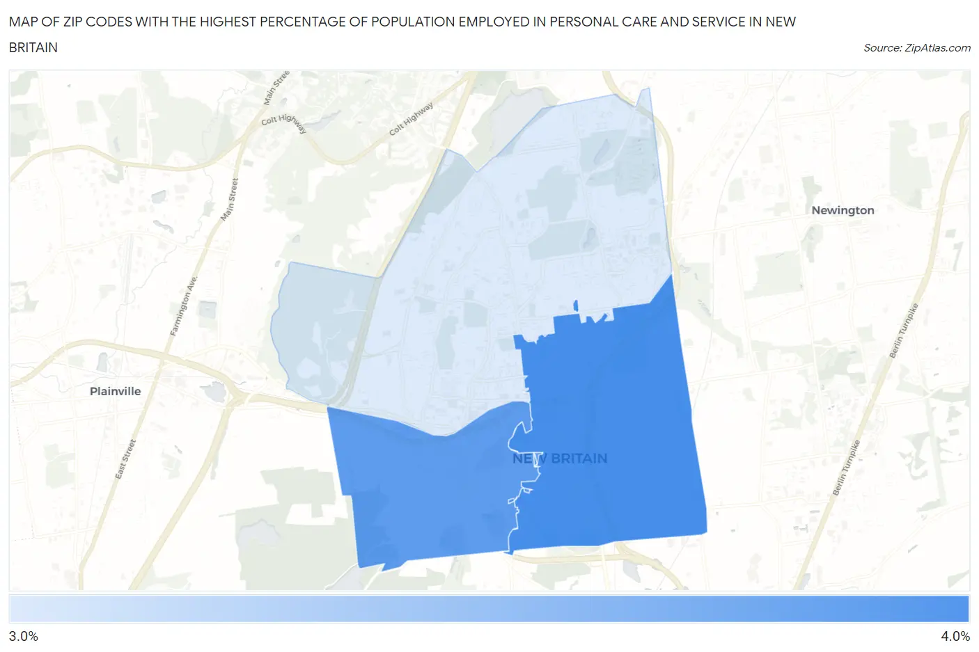 Zip Codes with the Highest Percentage of Population Employed in Personal Care and Service in New Britain Map