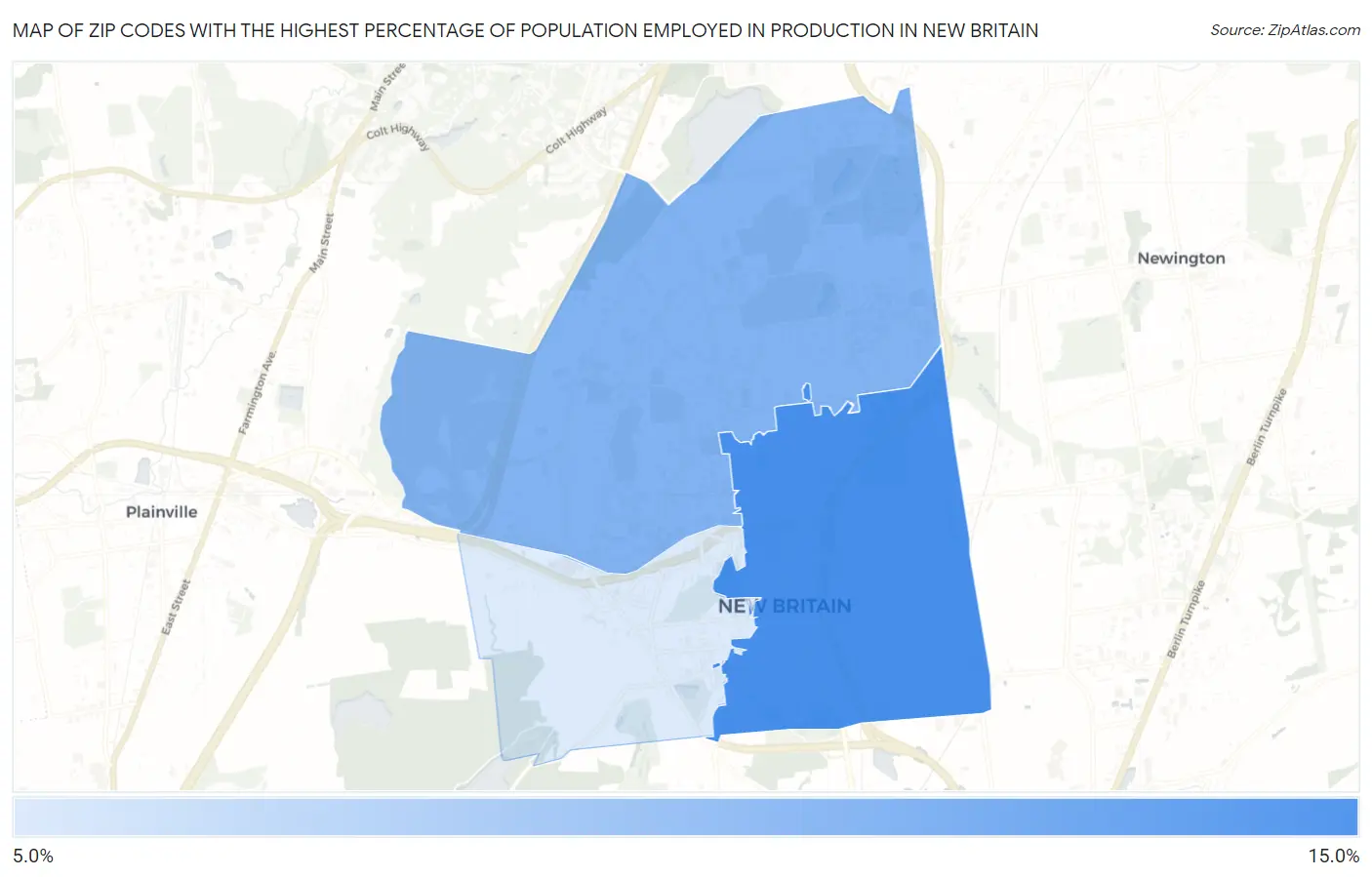 Zip Codes with the Highest Percentage of Population Employed in Production in New Britain Map