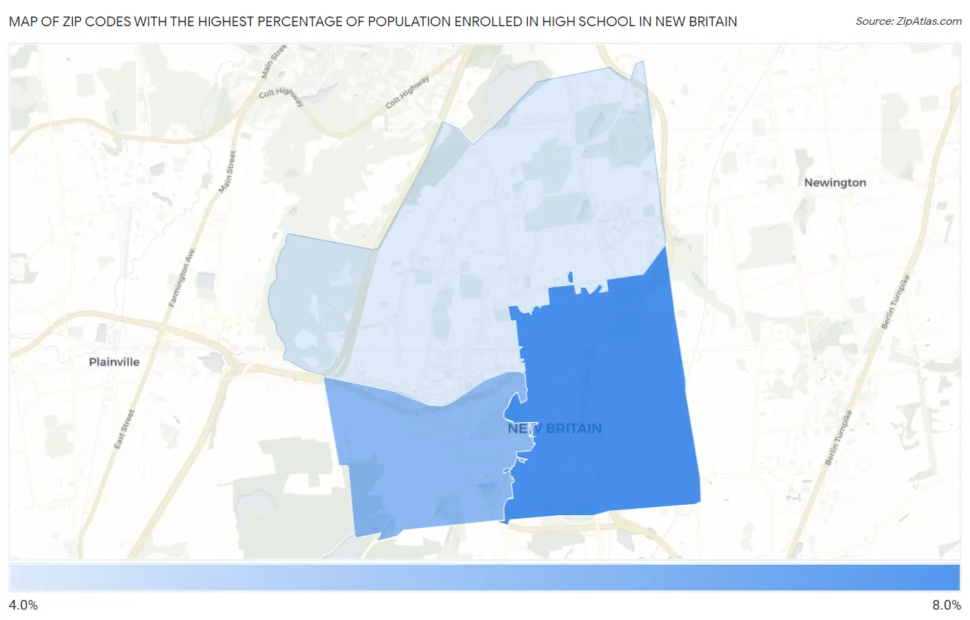 Zip Codes with the Highest Percentage of Population Enrolled in High School in New Britain Map