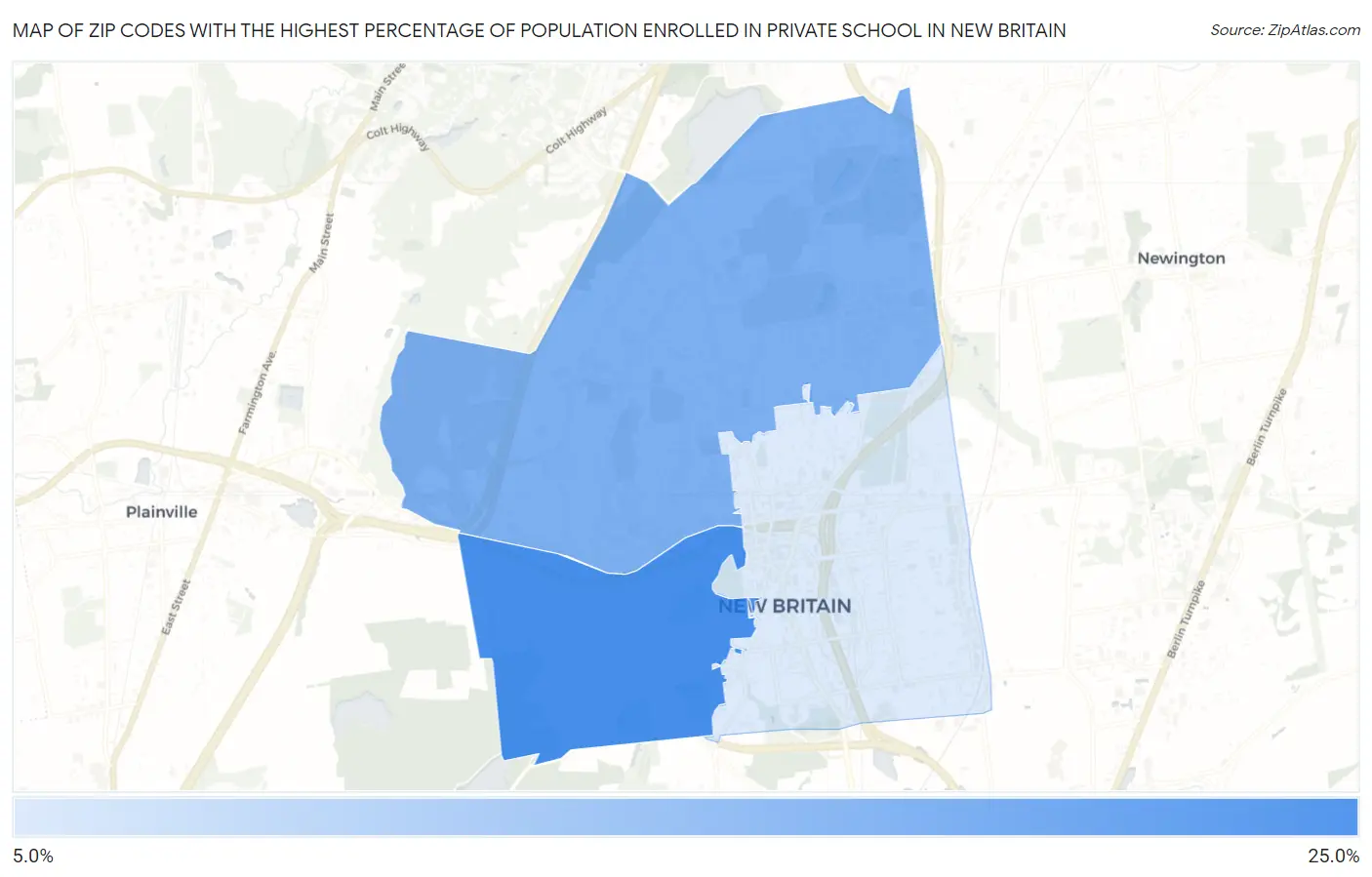Zip Codes with the Highest Percentage of Population Enrolled in Private School in New Britain Map