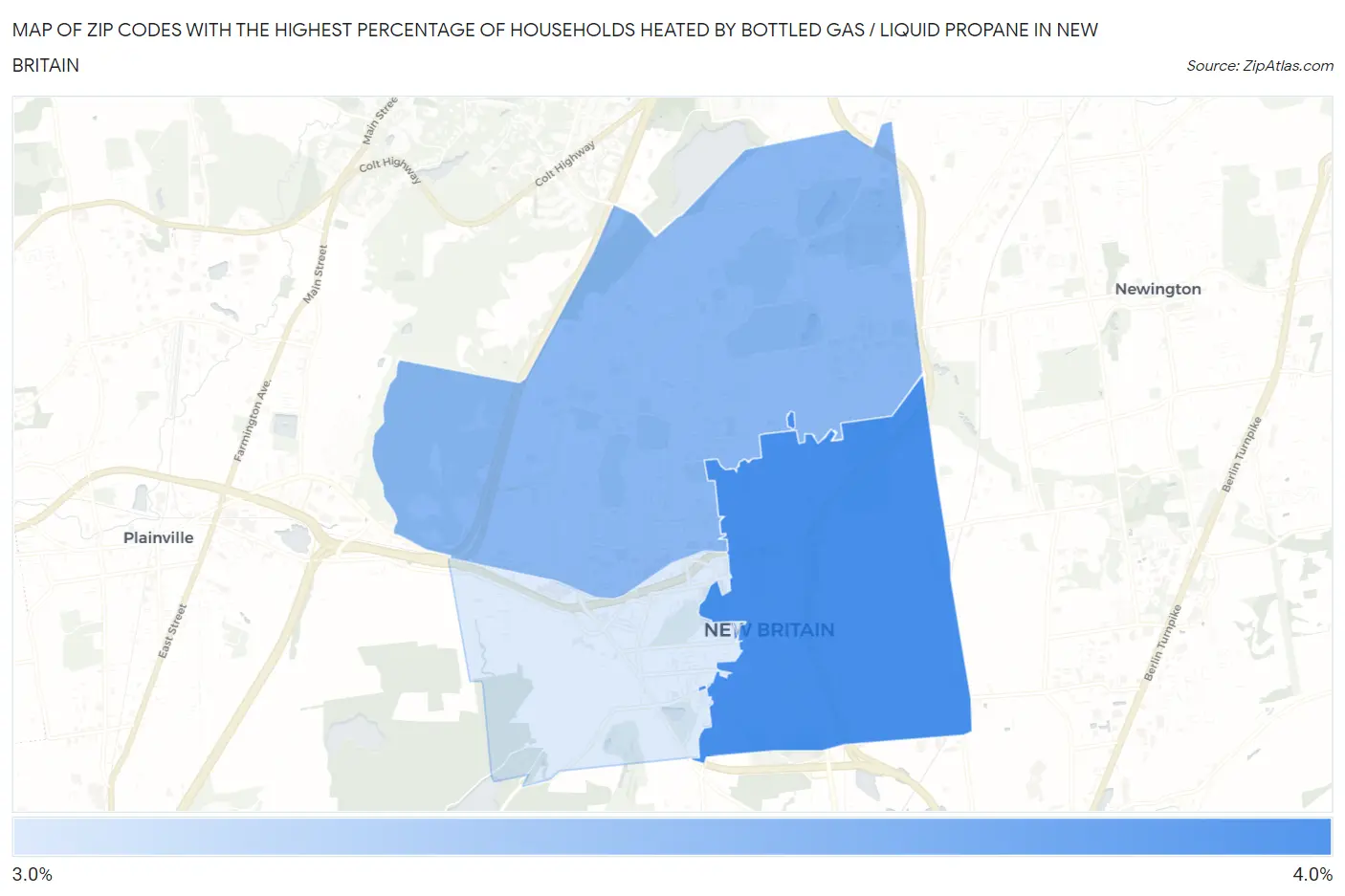 Zip Codes with the Highest Percentage of Households Heated by Bottled Gas / Liquid Propane in New Britain Map
