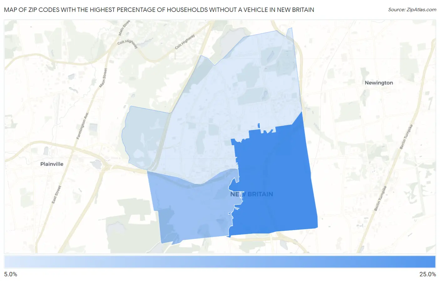 Zip Codes with the Highest Percentage of Households Without a Vehicle in New Britain Map