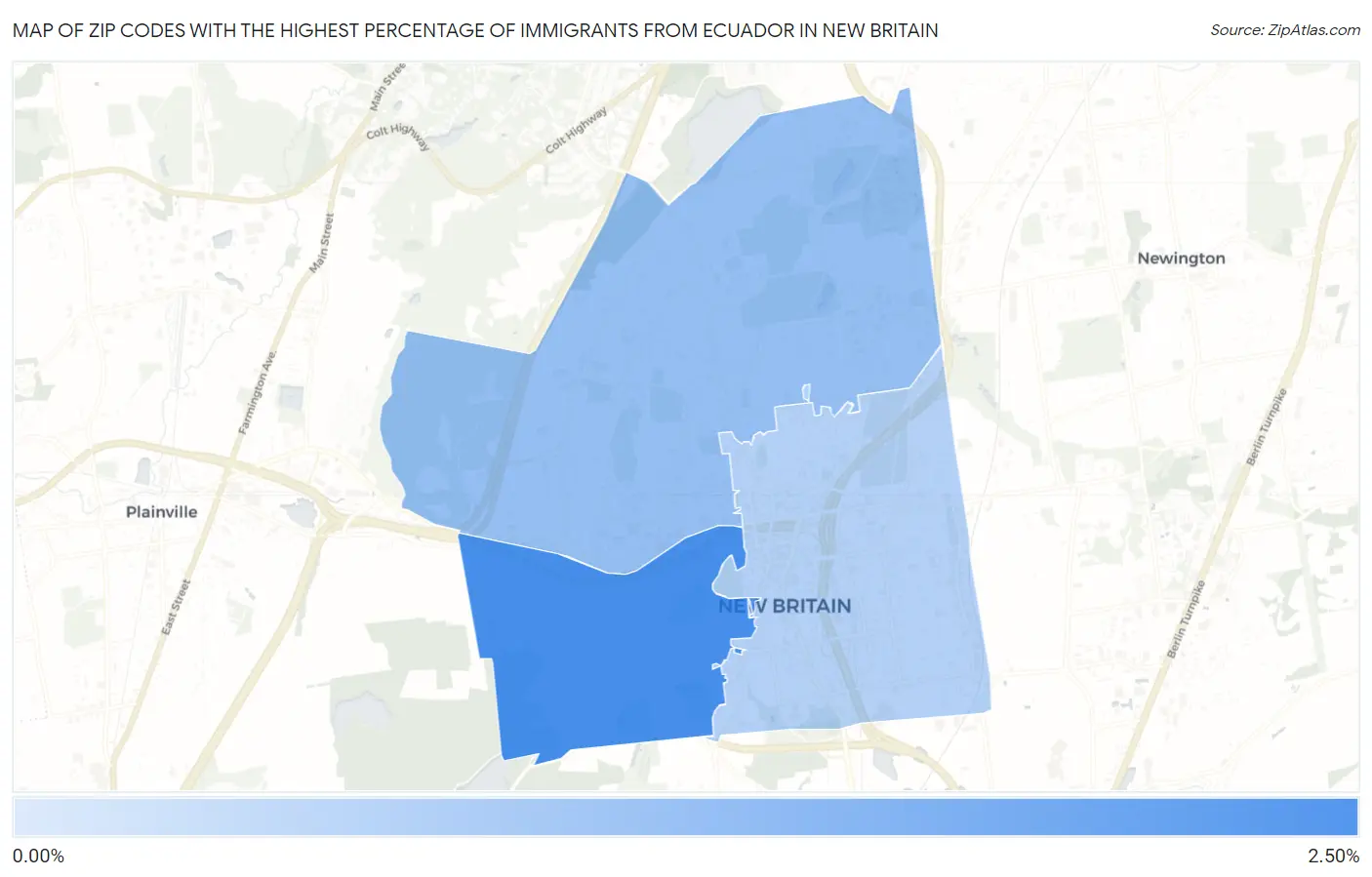 Zip Codes with the Highest Percentage of Immigrants from Ecuador in New Britain Map