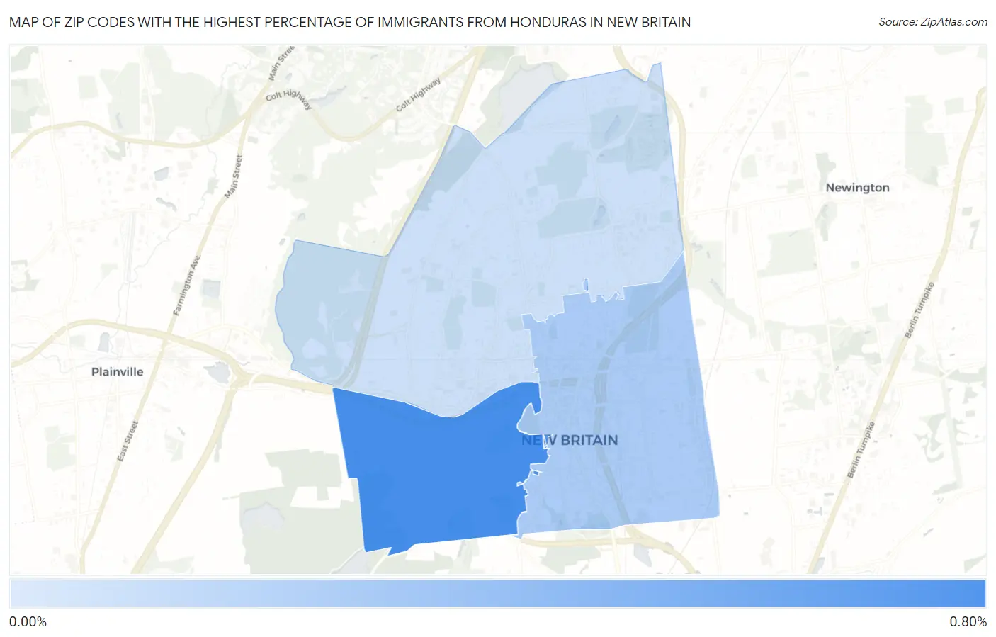 Zip Codes with the Highest Percentage of Immigrants from Honduras in New Britain Map