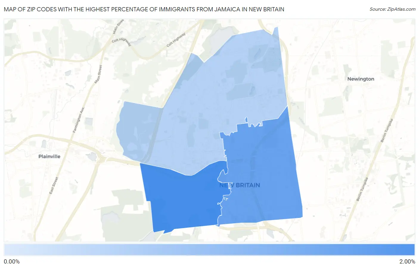 Zip Codes with the Highest Percentage of Immigrants from Jamaica in New Britain Map