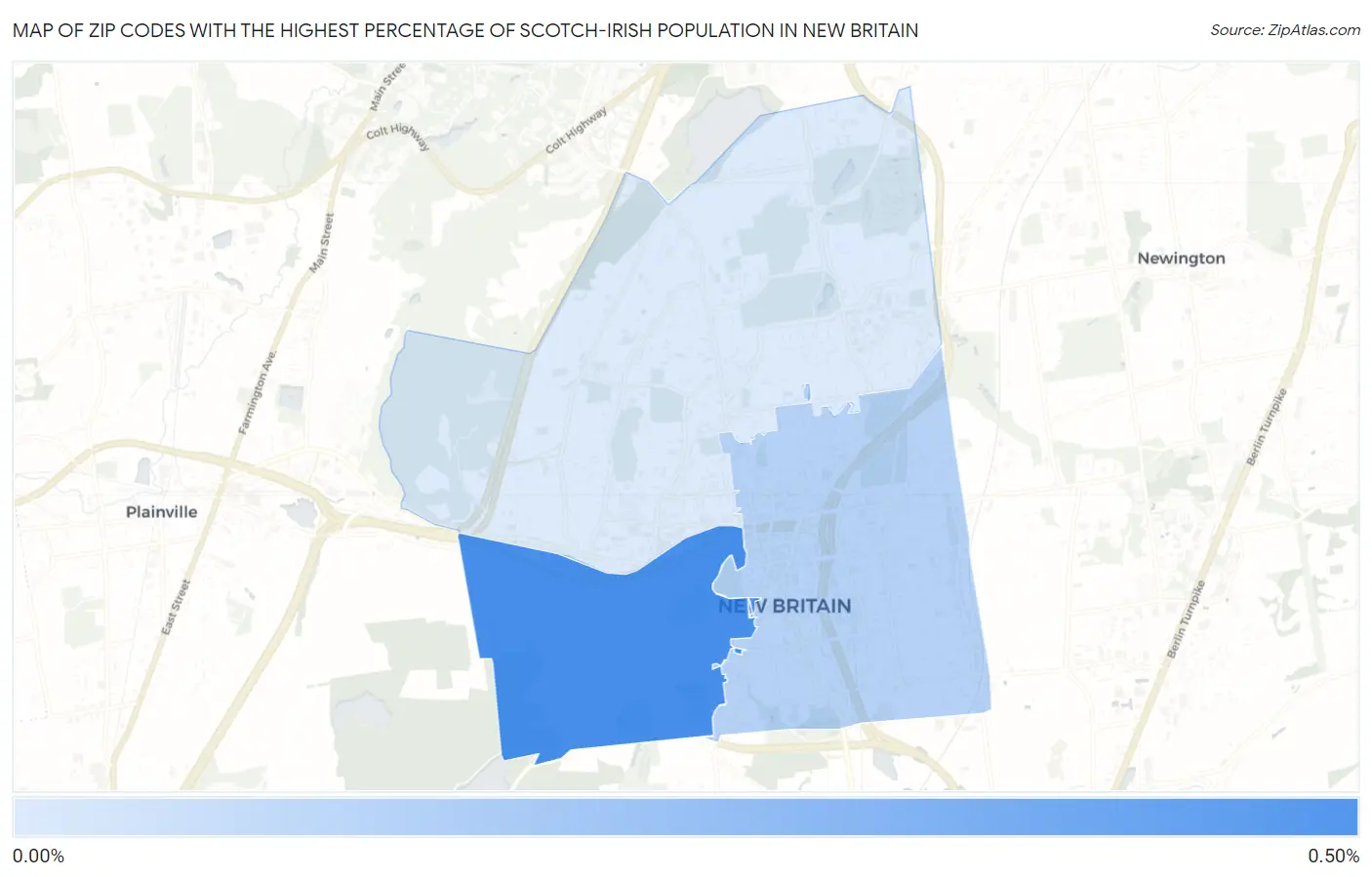 Zip Codes with the Highest Percentage of Scotch-Irish Population in New Britain Map