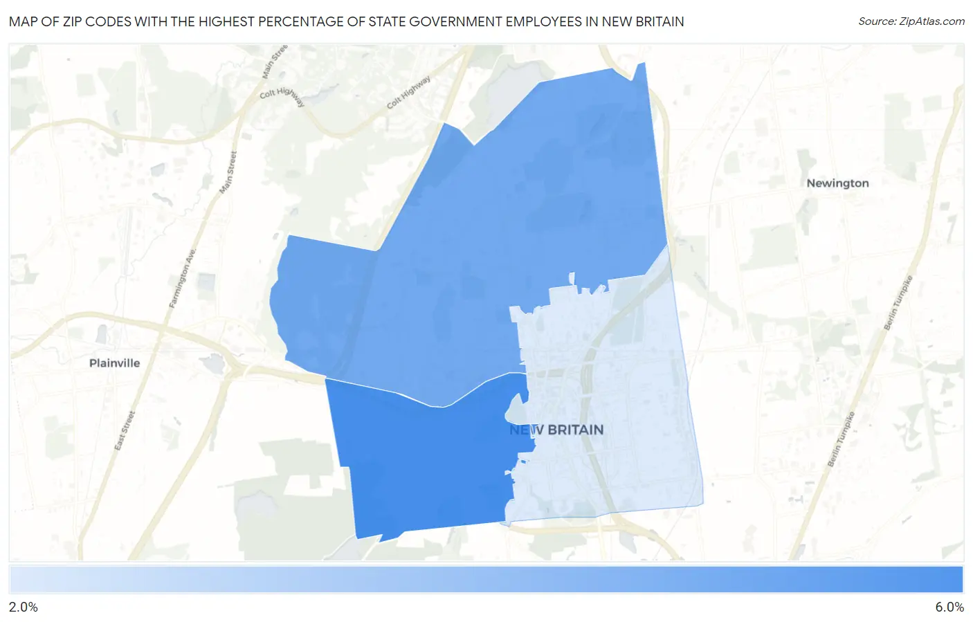 Zip Codes with the Highest Percentage of State Government Employees in New Britain Map