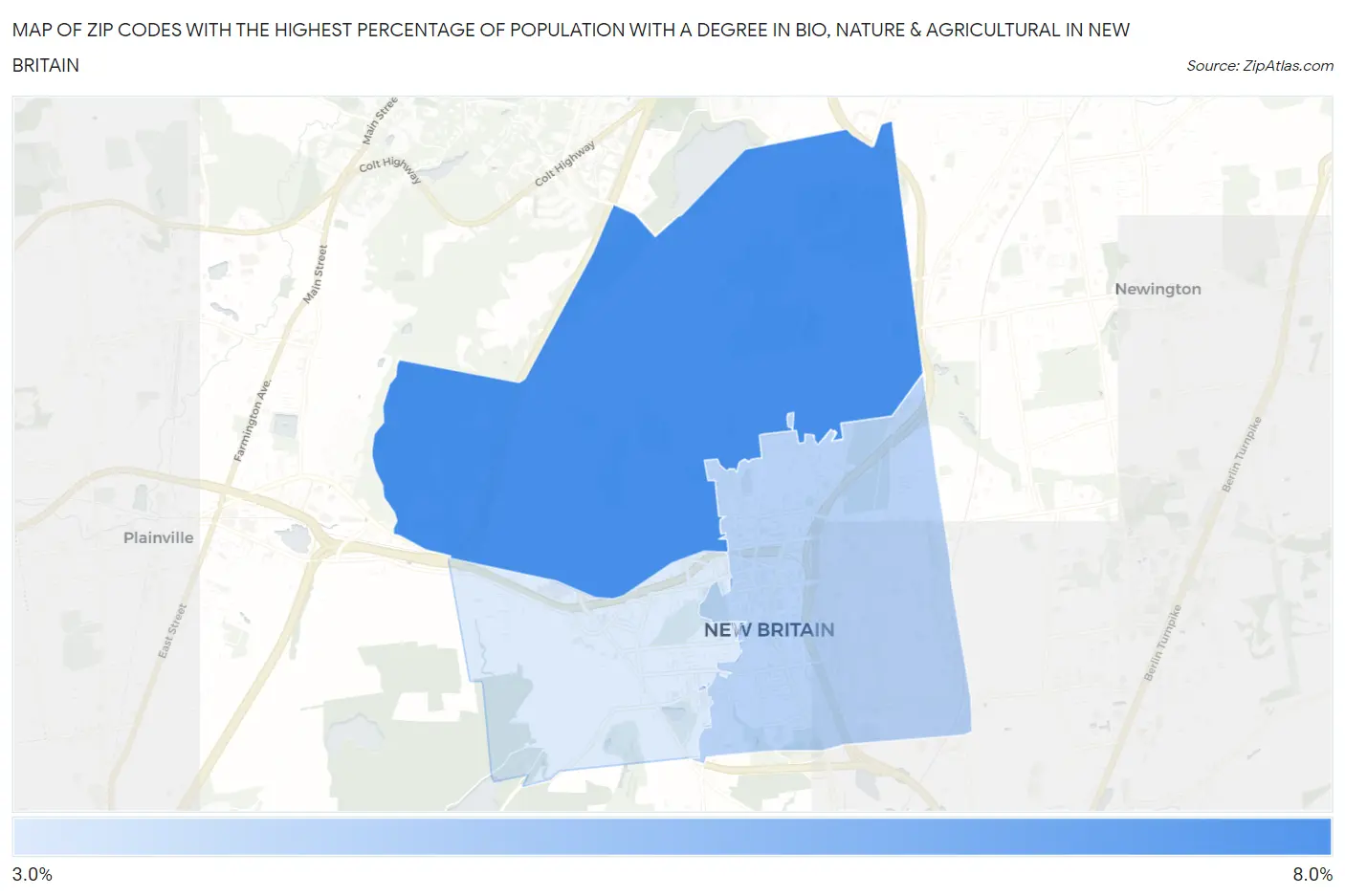 Zip Codes with the Highest Percentage of Population with a Degree in Bio, Nature & Agricultural in New Britain Map
