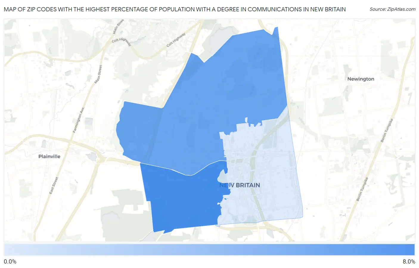 Zip Codes with the Highest Percentage of Population with a Degree in Communications in New Britain Map