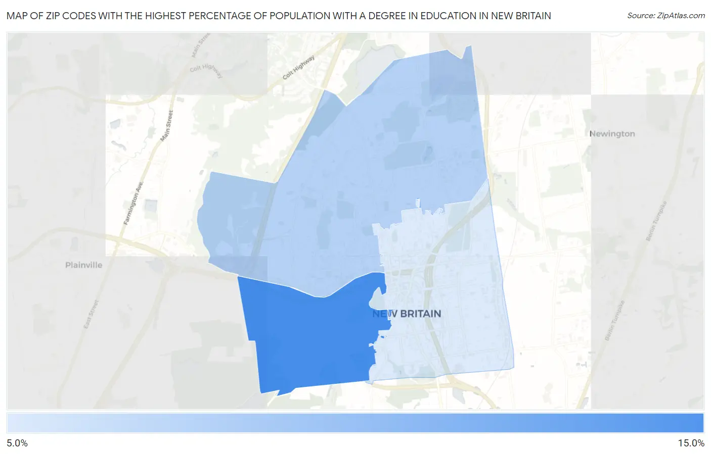Zip Codes with the Highest Percentage of Population with a Degree in Education in New Britain Map