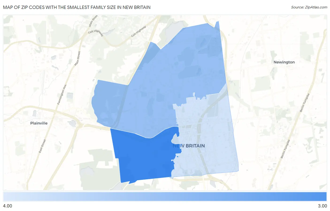 Zip Codes with the Smallest Family Size in New Britain Map