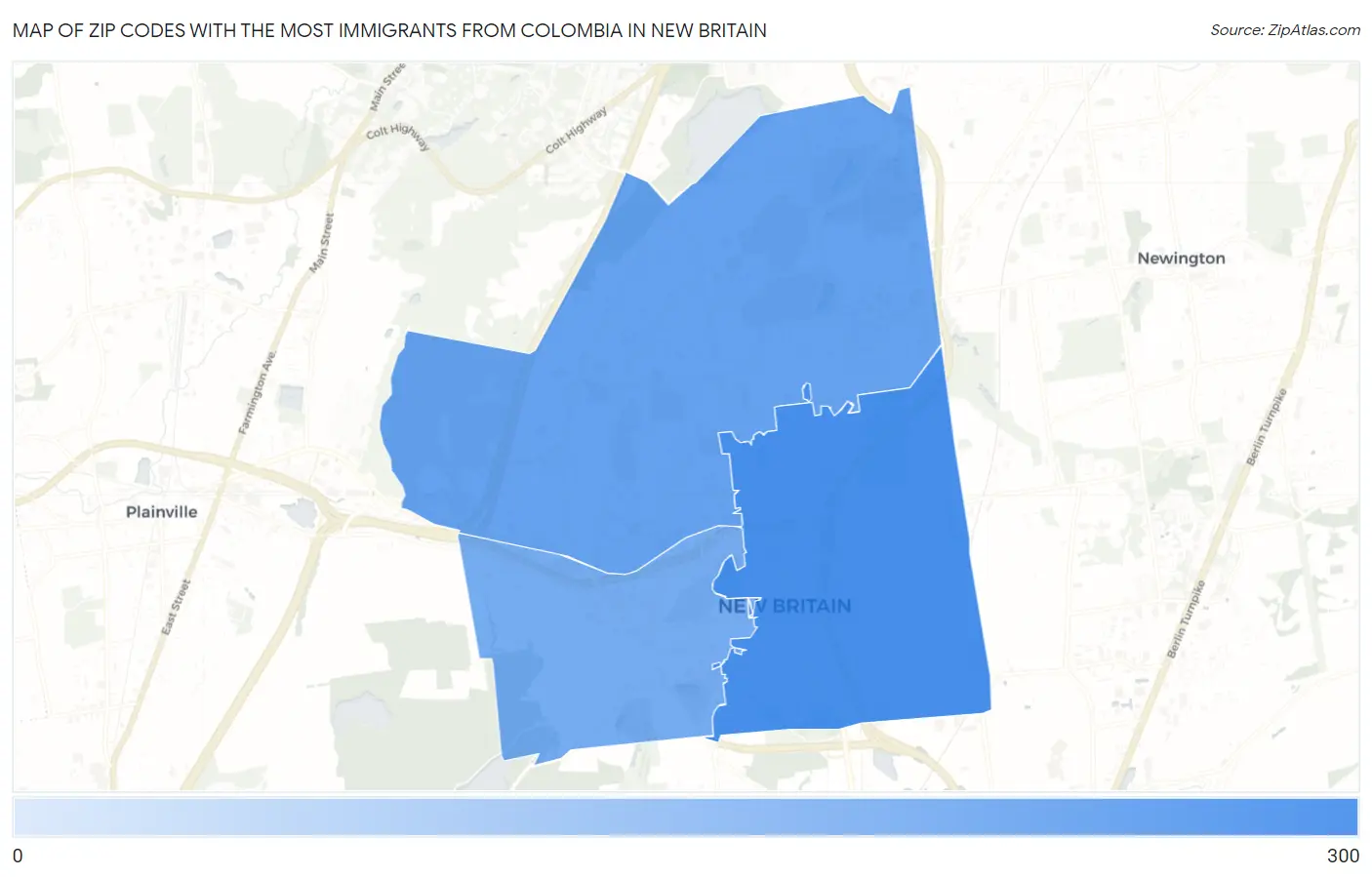 Zip Codes with the Most Immigrants from Colombia in New Britain Map