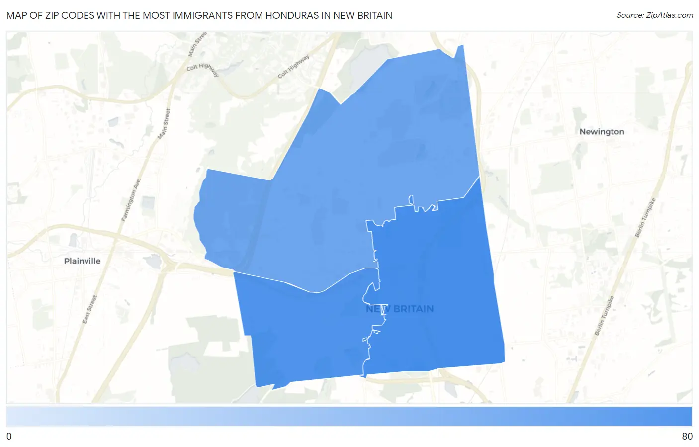 Zip Codes with the Most Immigrants from Honduras in New Britain Map