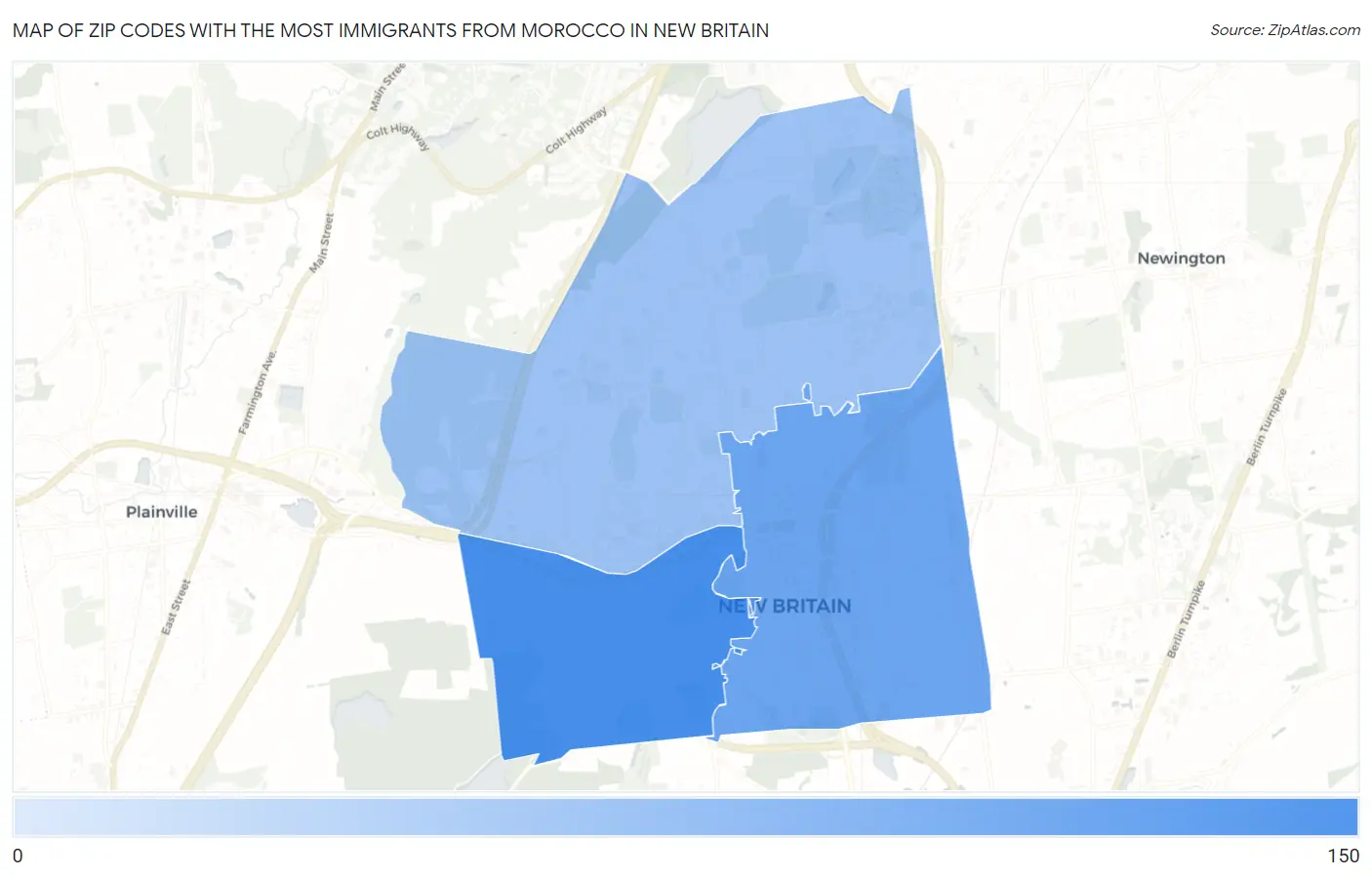 Zip Codes with the Most Immigrants from Morocco in New Britain Map