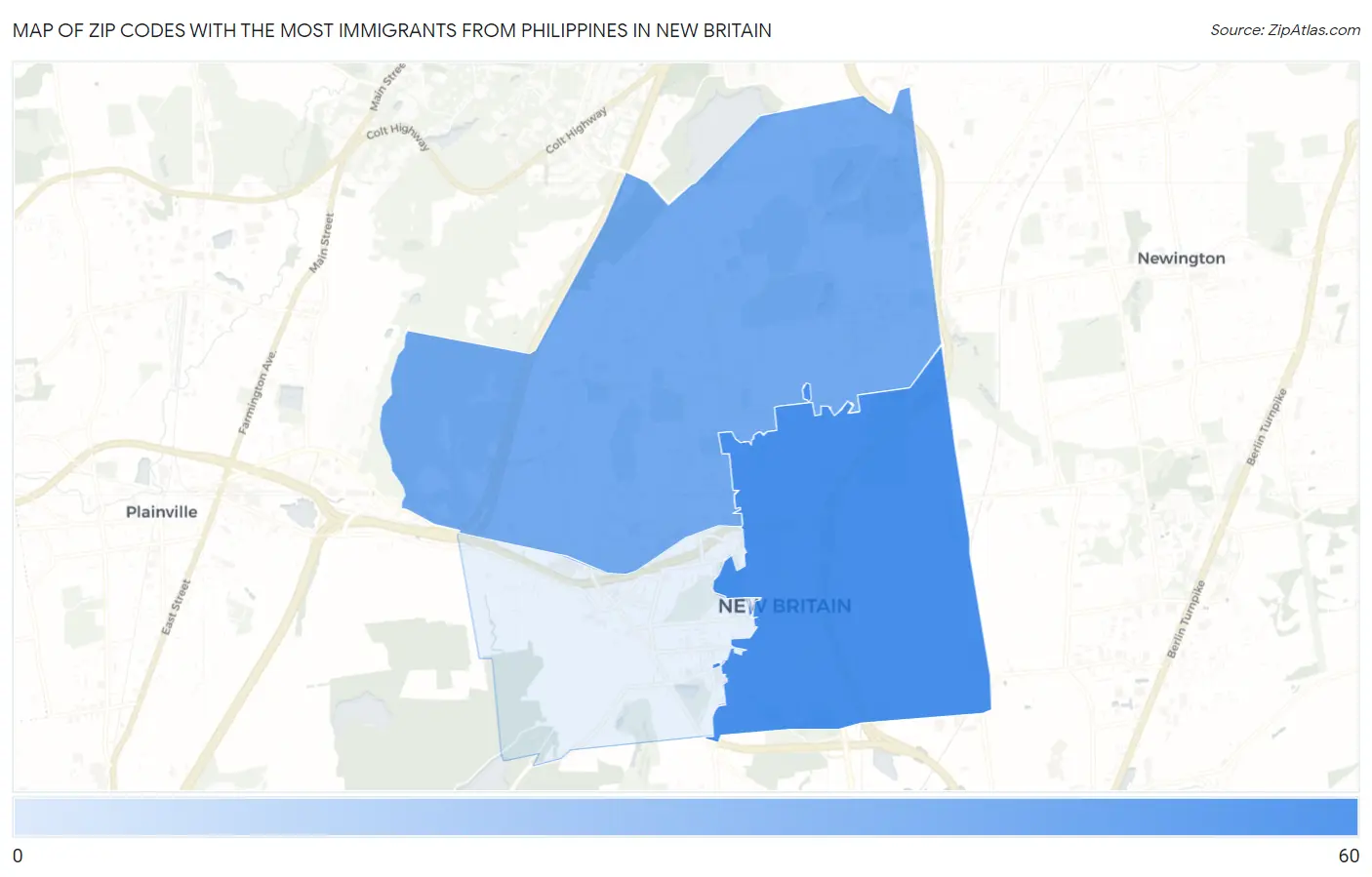 Zip Codes with the Most Immigrants from Philippines in New Britain Map