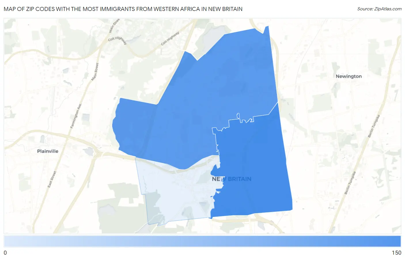 Zip Codes with the Most Immigrants from Western Africa in New Britain Map