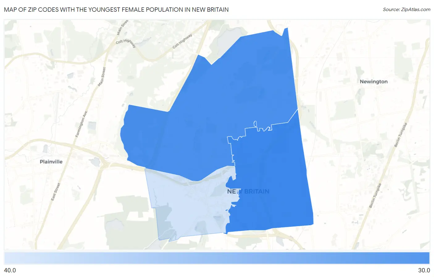 Zip Codes with the Youngest Female Population in New Britain Map
