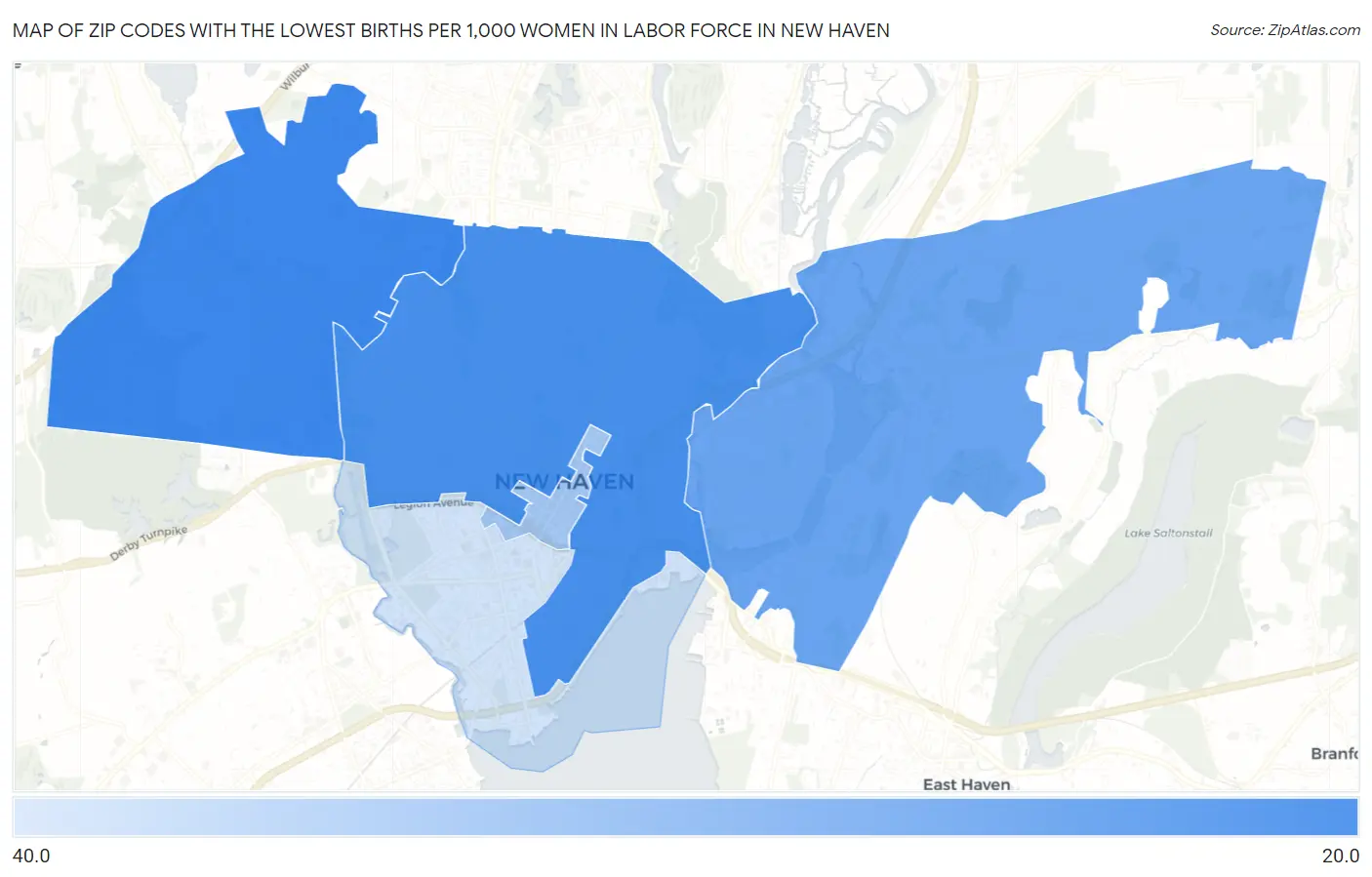 Zip Codes with the Lowest Births per 1,000 Women in Labor Force in New Haven Map