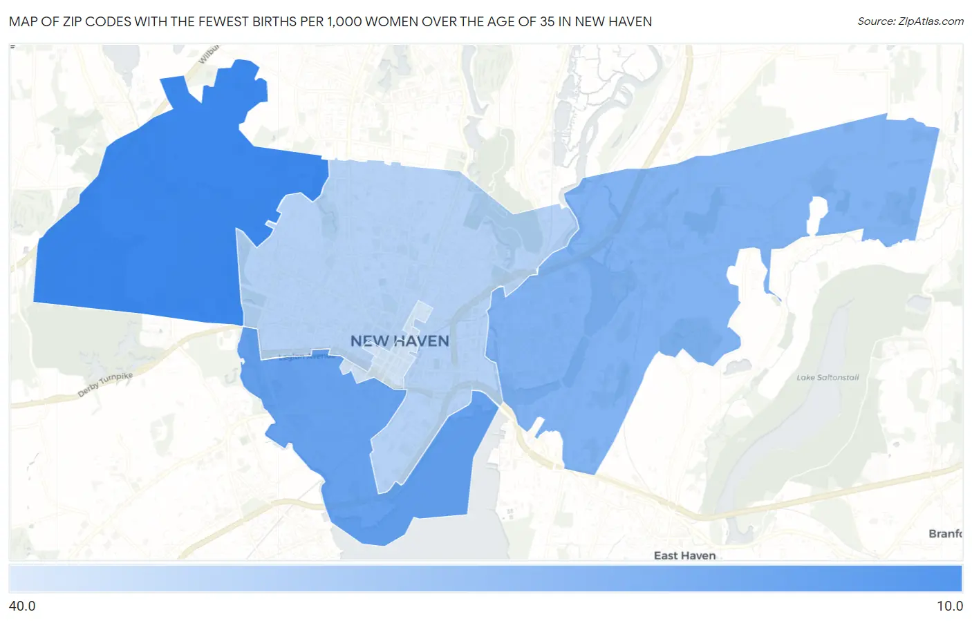 Zip Codes with the Fewest Births per 1,000 Women Over the Age of 35 in New Haven Map
