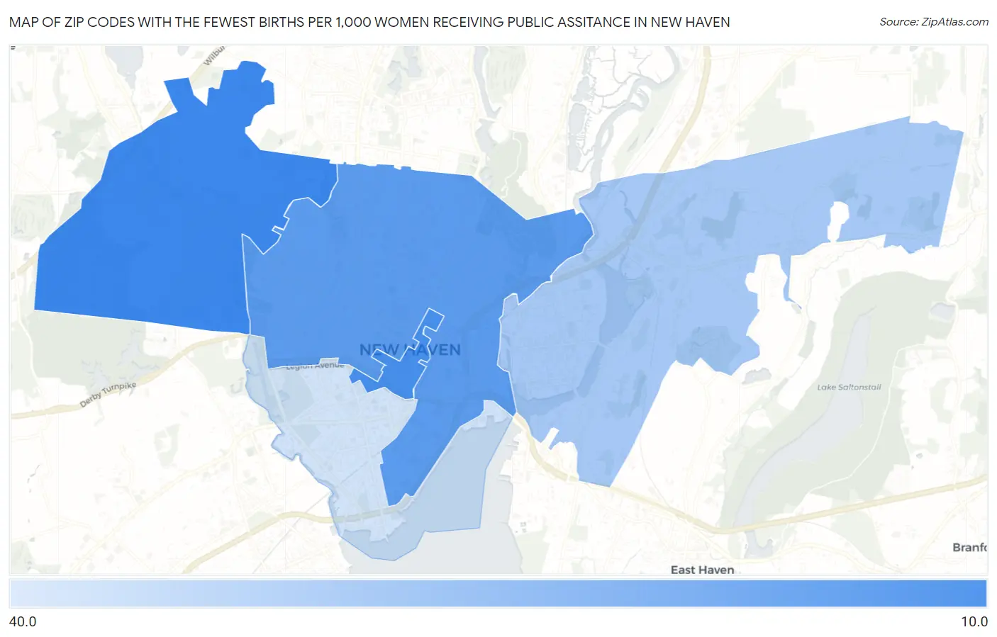 Zip Codes with the Fewest Births per 1,000 Women Receiving Public Assitance in New Haven Map