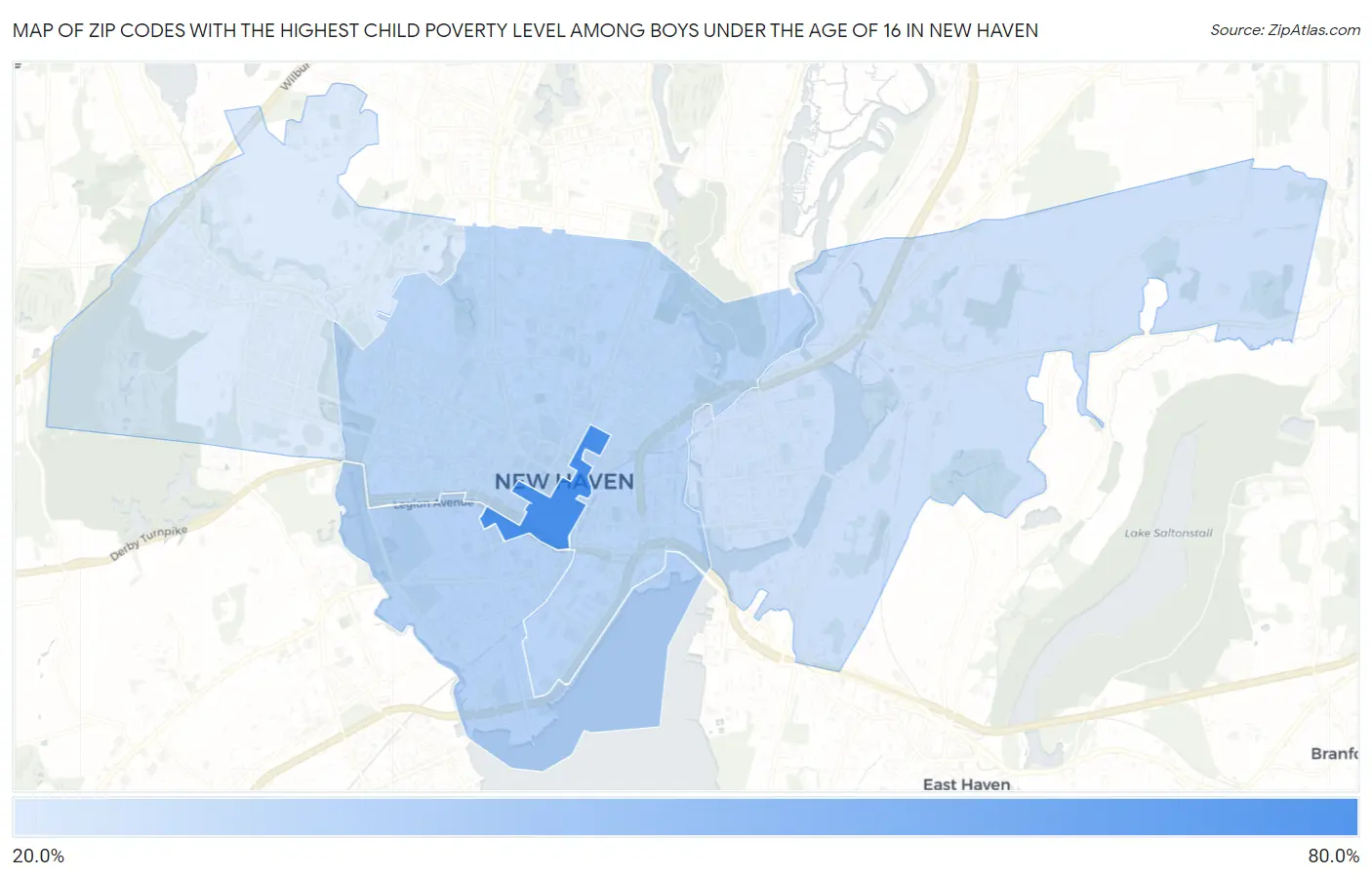 Zip Codes with the Highest Child Poverty Level Among Boys Under the Age of 16 in New Haven Map